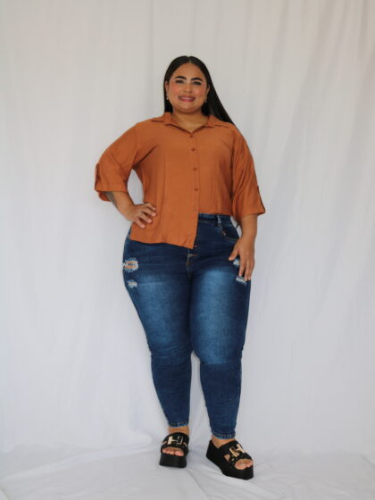 Blusa Camisera Casual de Manga Corta con Botones - Talla Plus