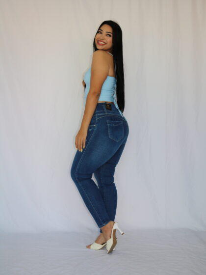 Jeans Skinny de Tiro Alto en Denim con Efecto Moldeador y Ligeros Rotos