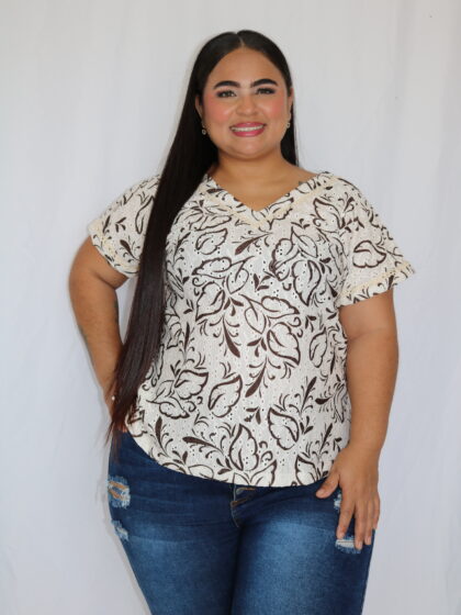 Blusa Casual de Manga Corta con Diseño Floral Tropical - Talla Plus