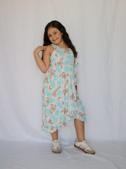 Vestido Midi Infantil Sin Mangas con Estampado de Hojas