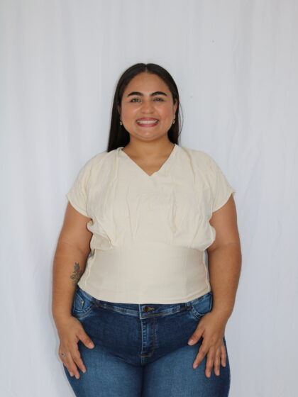 Blusa Casual con Cuello en V y Cintura Ancha Ajustada - Talla Plus