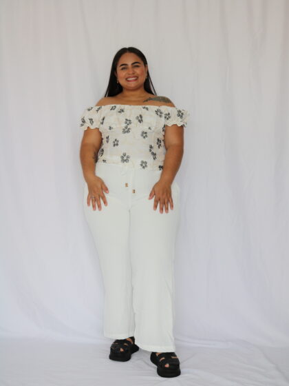 Set Fresco Casual de Top con Hombros Descubiertos y Pantalón Ancho con Cordón - Talla Plus